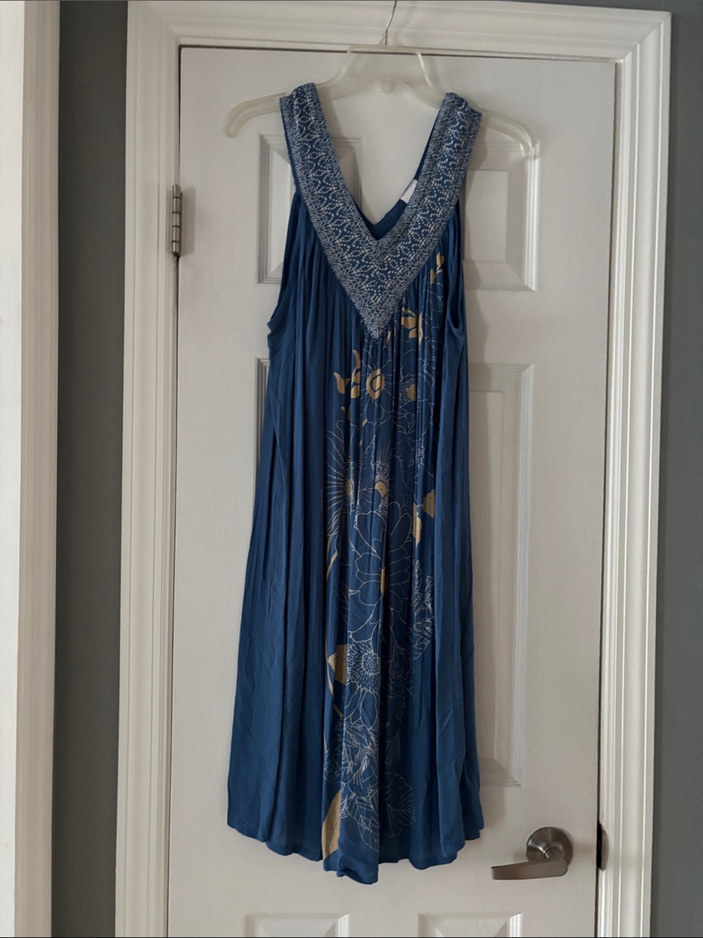 KOKO  Blue V-Neck Floral Maxi Dress with Gold Accents